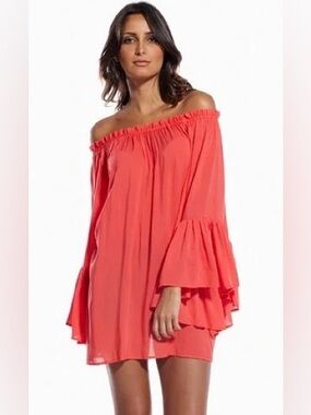 Elan Off-Shoulder Bell-Sleeve Top or Mini Dress - Coral - OS